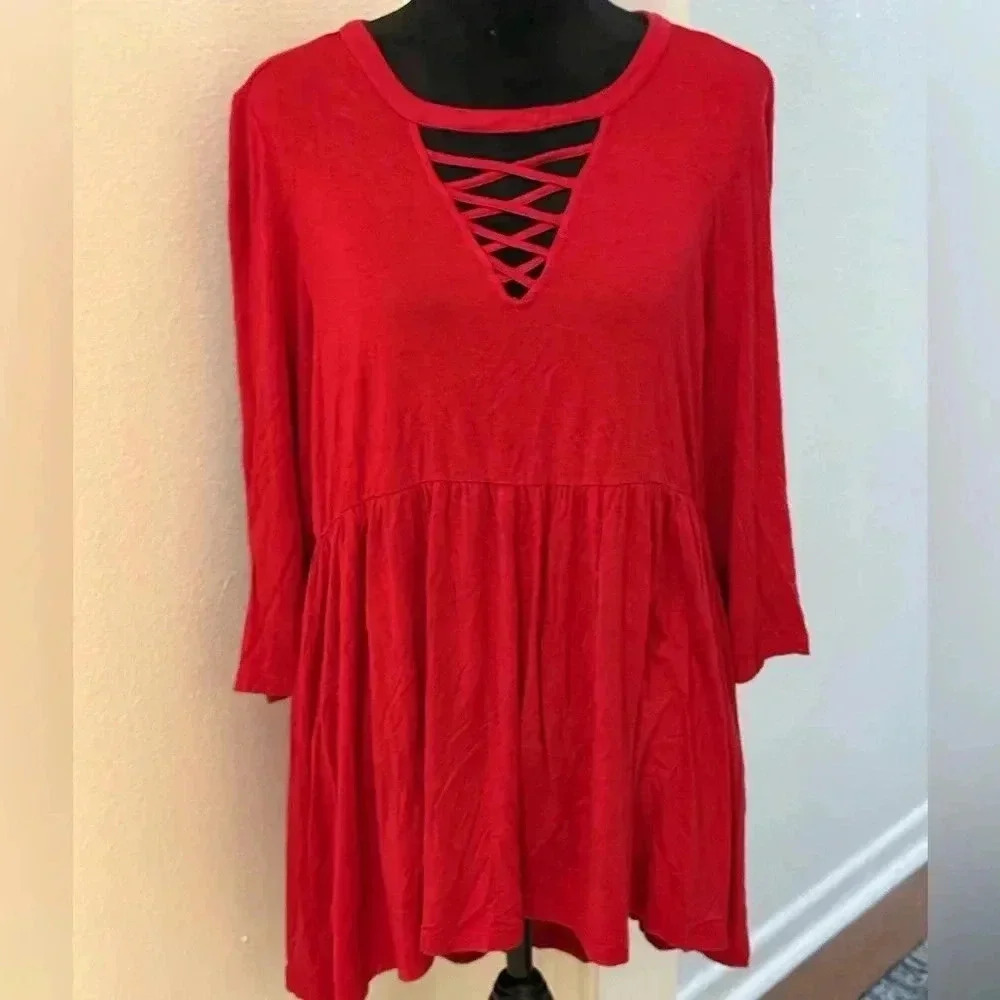 Torrid Super Soft Knits Red Lattice Baby Doll Top